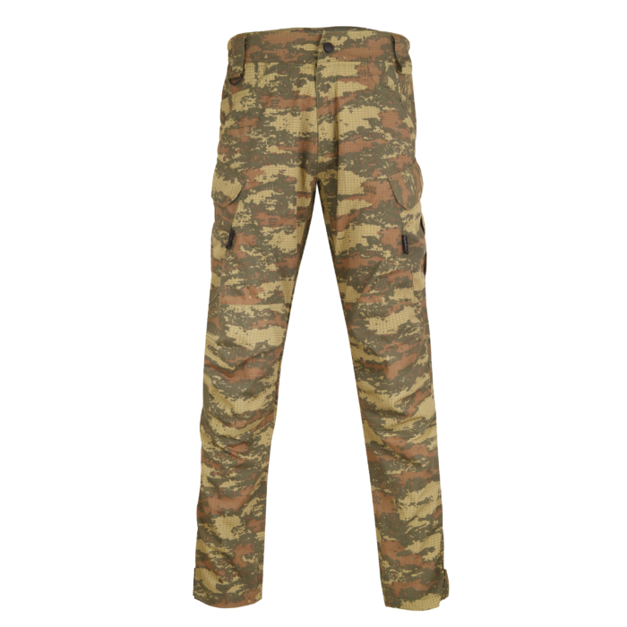 A pair of camouflage pants on display.