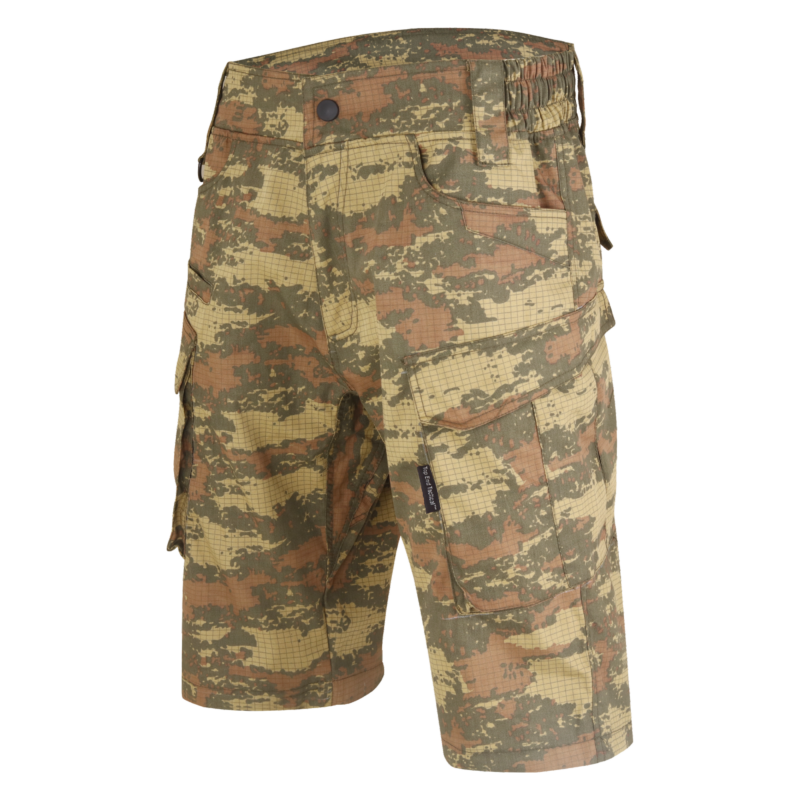A pair of shorts with camouflage pattern.